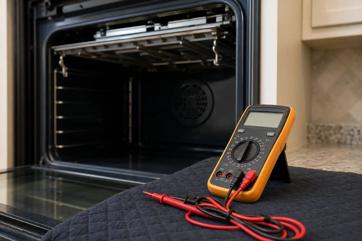 Digital multimeter shown in the repair area for lg oven broiler not working