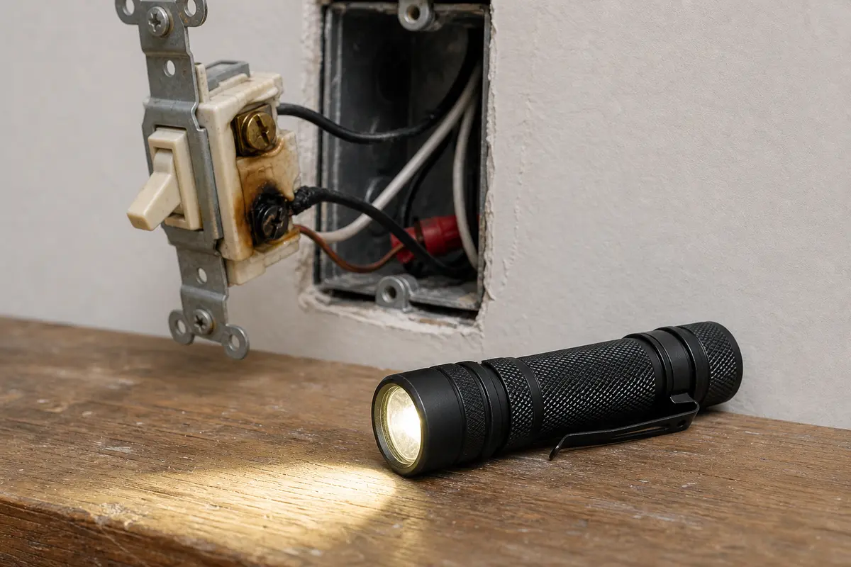 Compact inspection flashlight for viewing switch terminals and box wiring