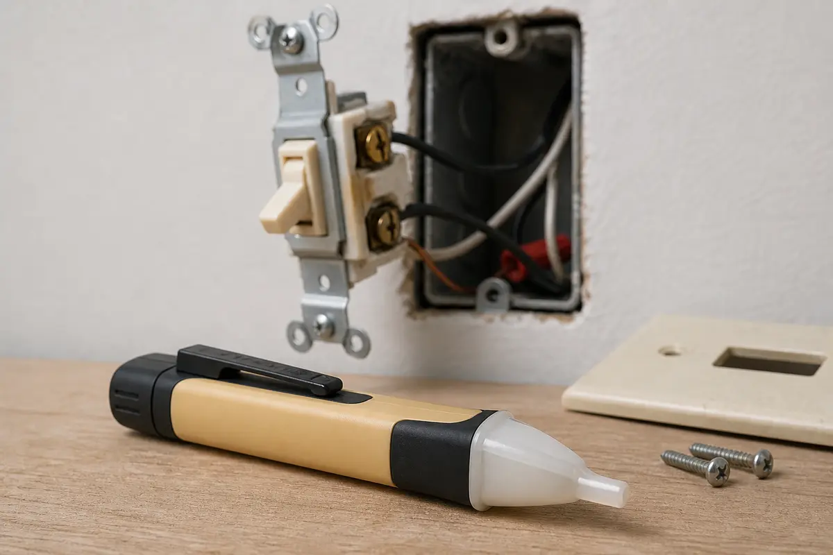 Pen-style non-contact voltage tester for checking a light switch box