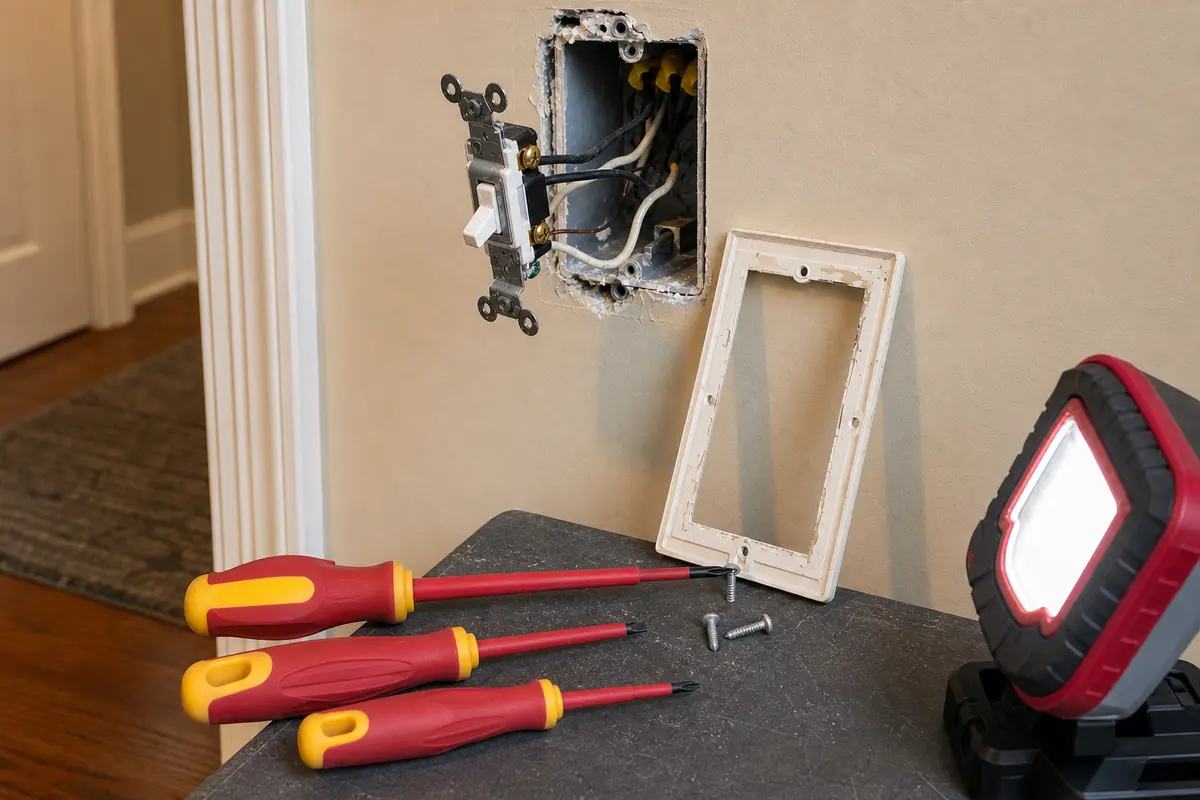 Insulated screwdriver set shown in the repair area for light switch wont stay in position
