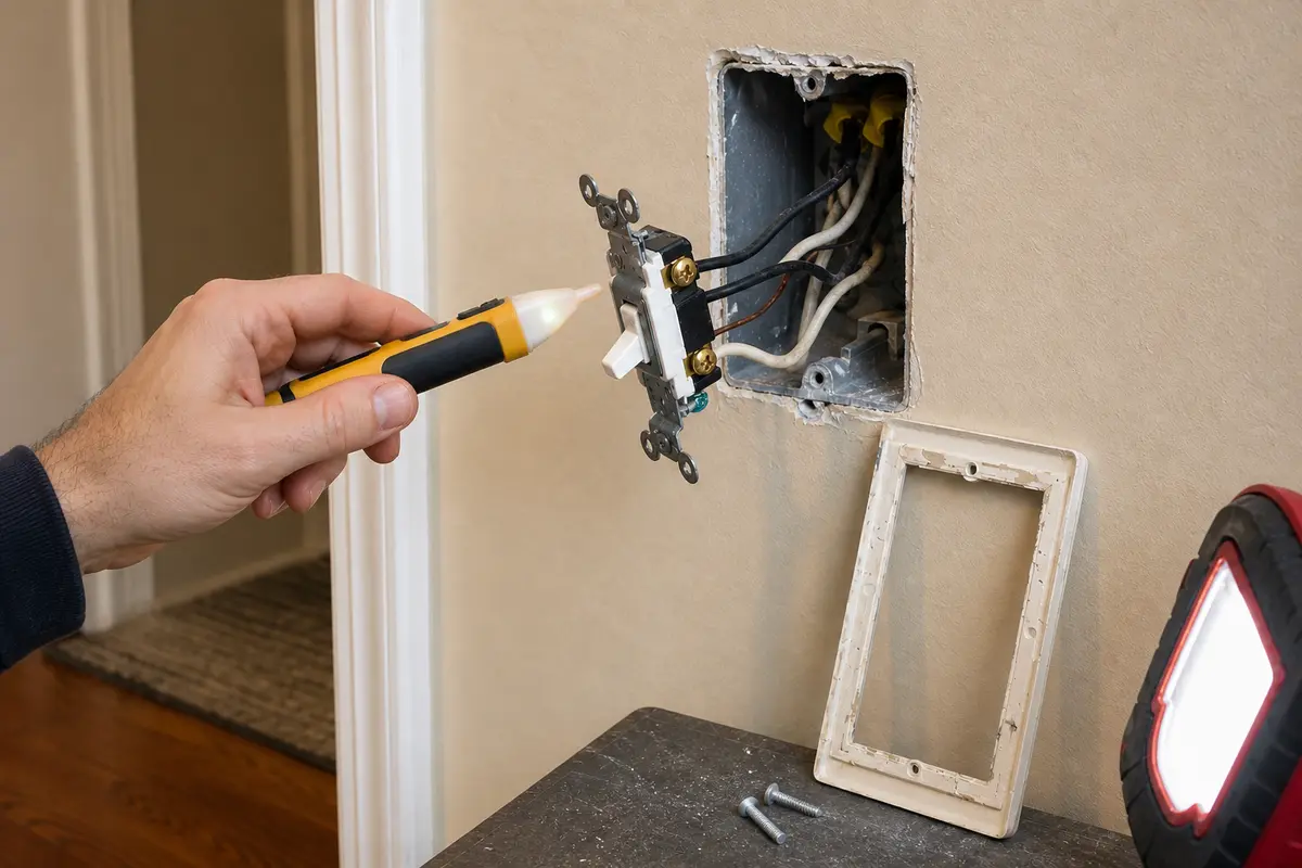 Non-contact voltage tester shown in the repair area for light switch wont stay in position