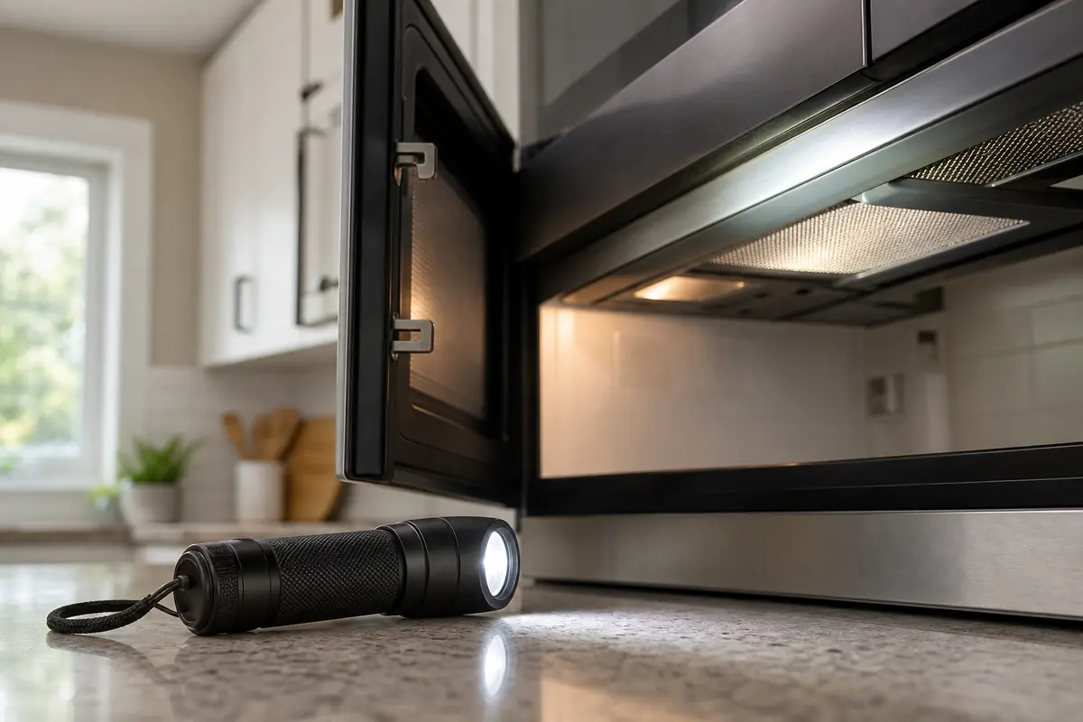 Inspection flashlight beside an open microwave door for outside latch and vent checks