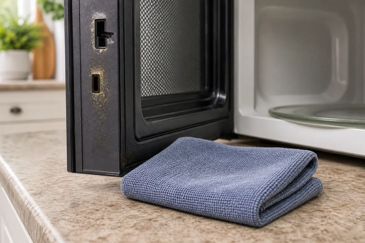 Microfiber cloth near a microwave latch area for gentle exterior cleaning