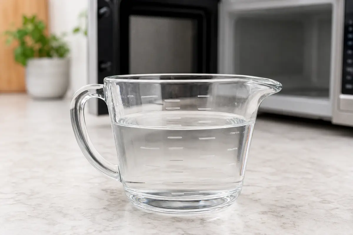 Glass measuring cup with water inside a microwave for a short heating check