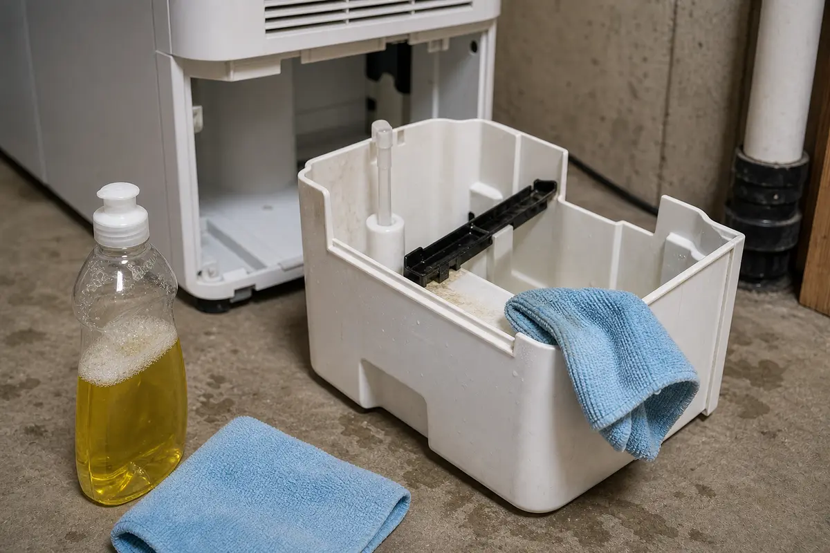 Midea dehumidifier bucket float area being wiped with a soft cloth and mild soap nearby