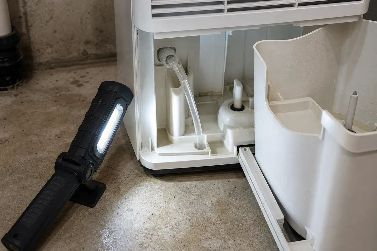 Inspection flashlight aimed at a Midea dehumidifier bucket opening and hose connection