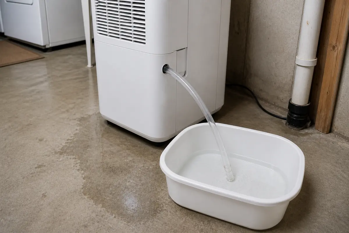Small catch bucket used for a Midea dehumidifier short hose drain test