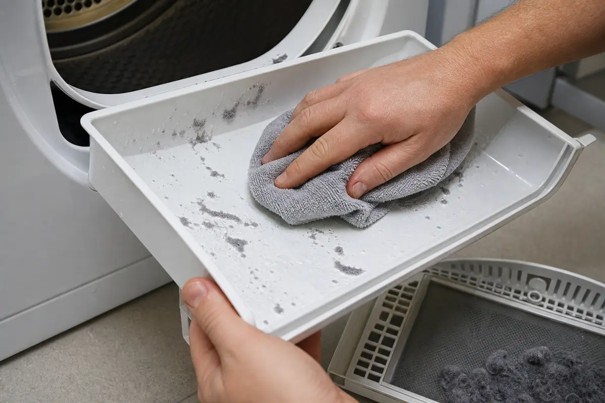 Microfiber cloth wiping damp lint from a dryer water container drawer