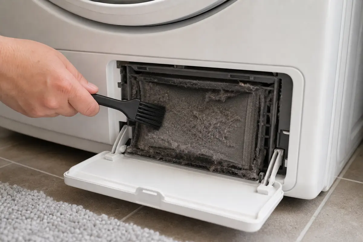 Small soft brush loosening damp lint from a dryer lower filter screen