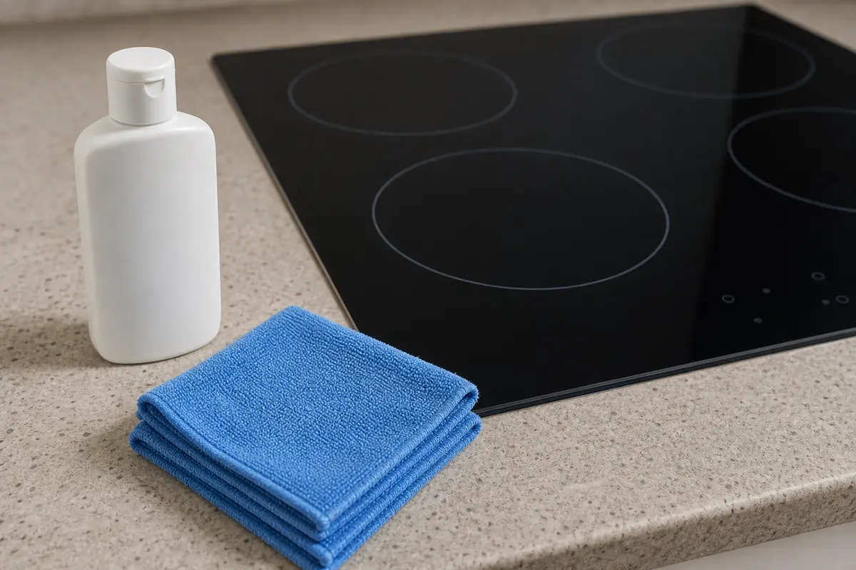 Ceramic glass cooktop cleaner and cloth beside a cooled induction cooktop