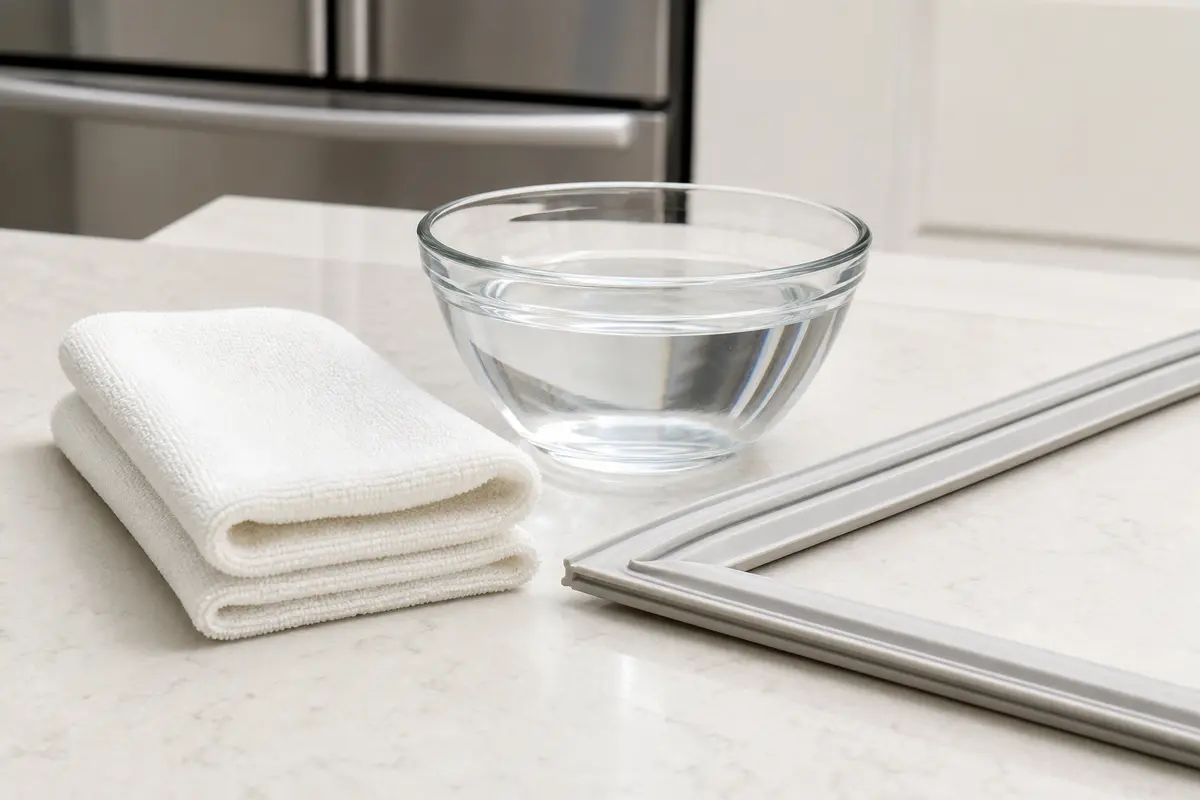 Soft microfiber cloth, clean water bowl and refrigerator gasket sample for gentle cleaning