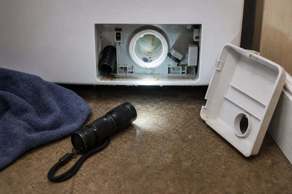 Inspection flashlight beside a washer pump-filter leak check