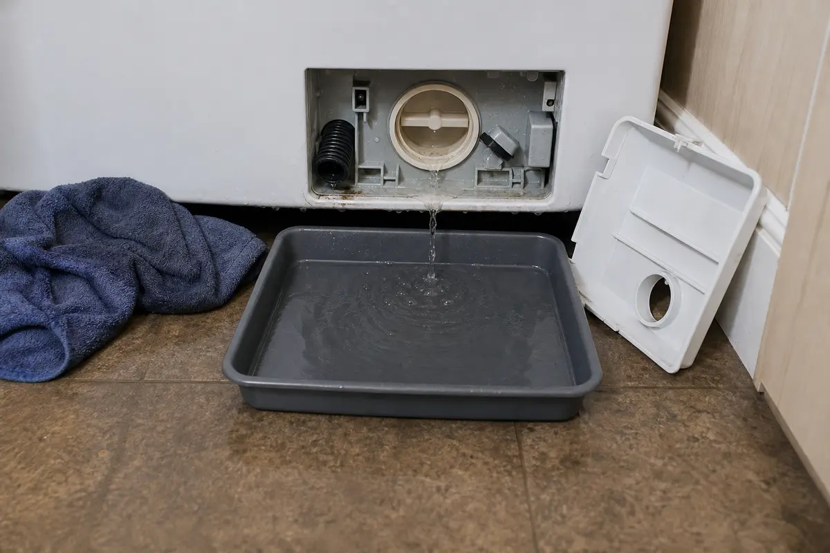 Towels and shallow pan under a washer pump-filter opening