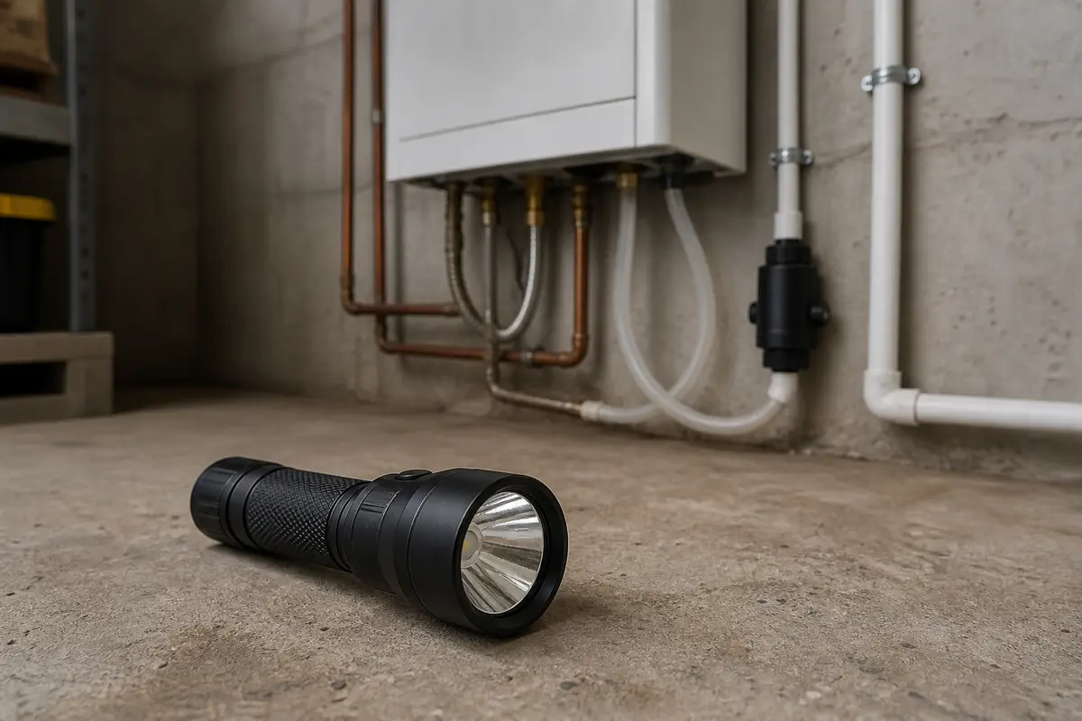 Inspection flashlight near a closed tankless water heater and vent piping for E110 checks