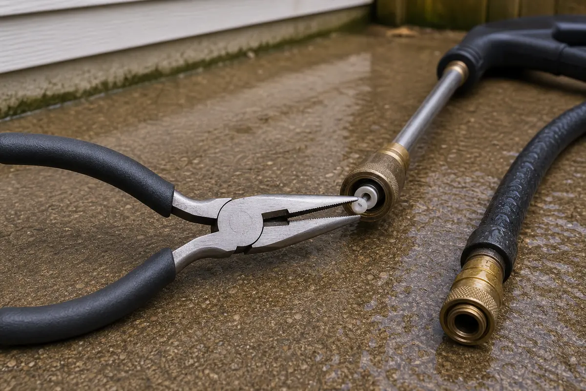 Needle nose pliers for gently pulling a pressure washer nozzle clip or inlet screen