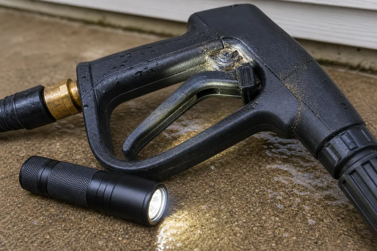 Small flashlight for checking pressure washer trigger pivot cracks and water tracks