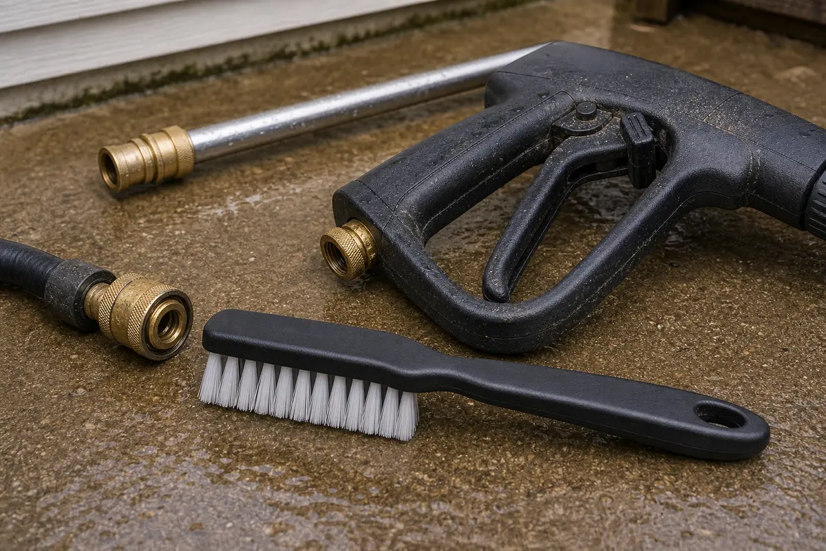 Soft nylon brush for cleaning grit from a pressure washer trigger area and quick connects