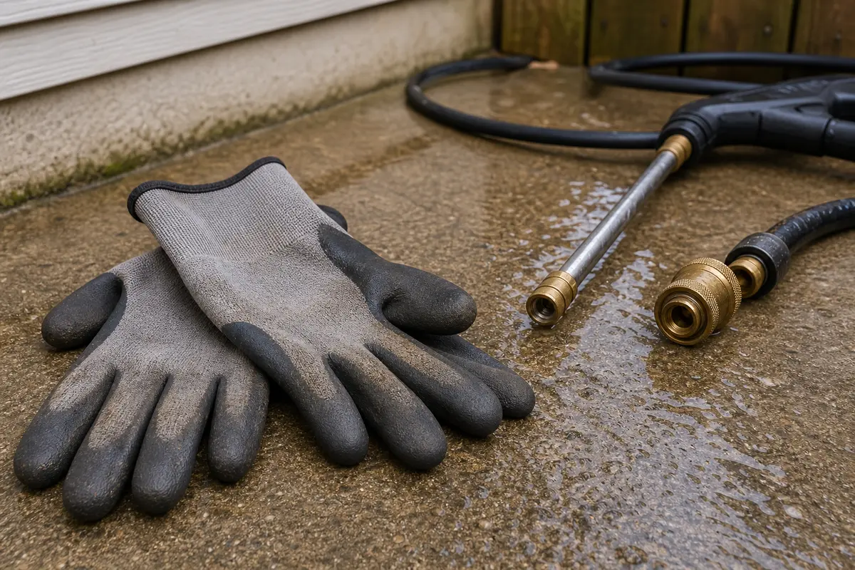 Work gloves for handling wet pressure washer wand hose fittings and quick connects