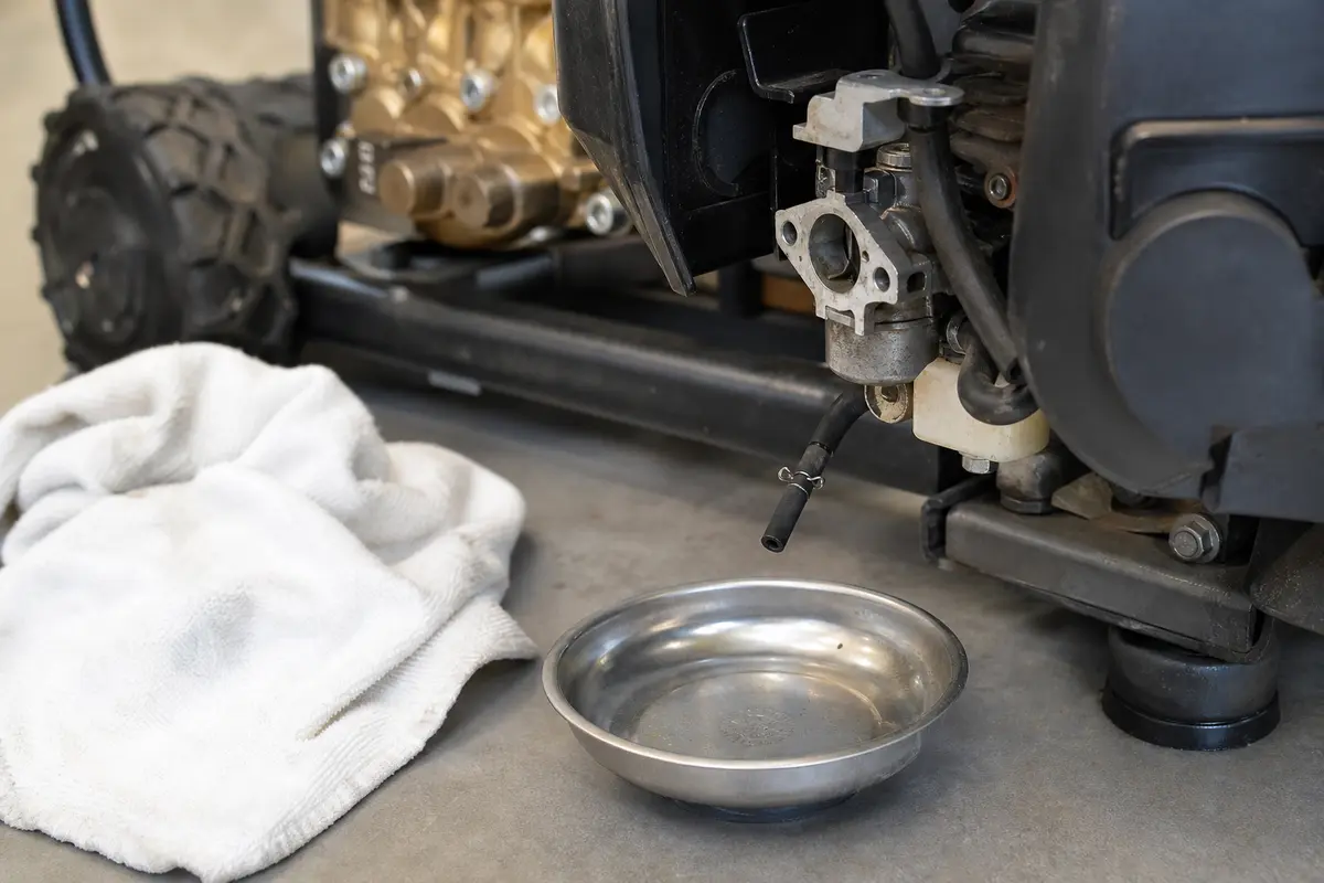 Shop rag and small container for catching pressure washer carburetor fuel drips