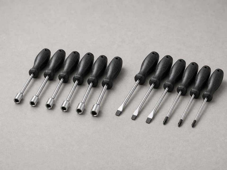 Screwdriver and nut driver set for checking refrigerator hinge fasteners