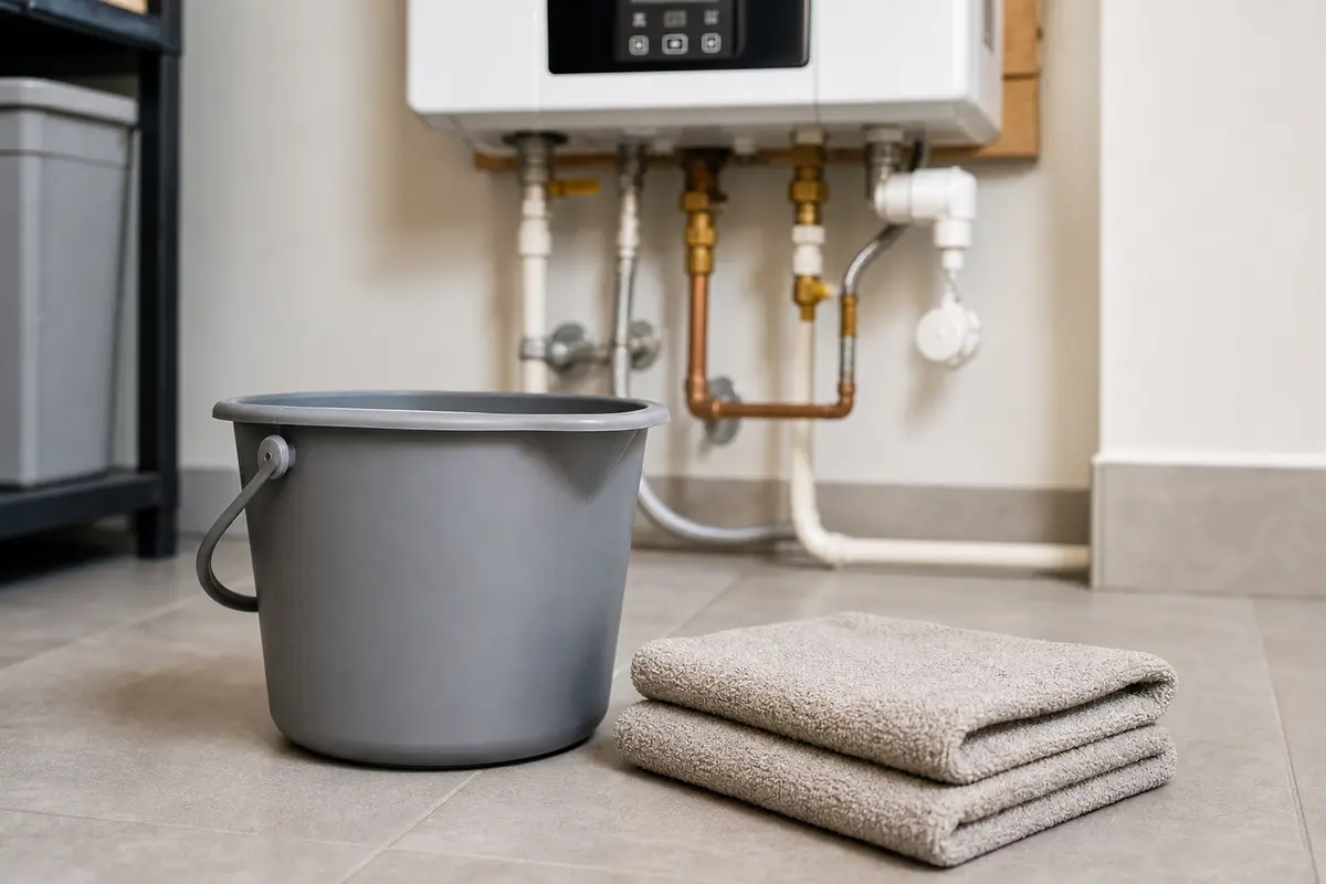 Small bucket and towels for catching tankless water heater condensate