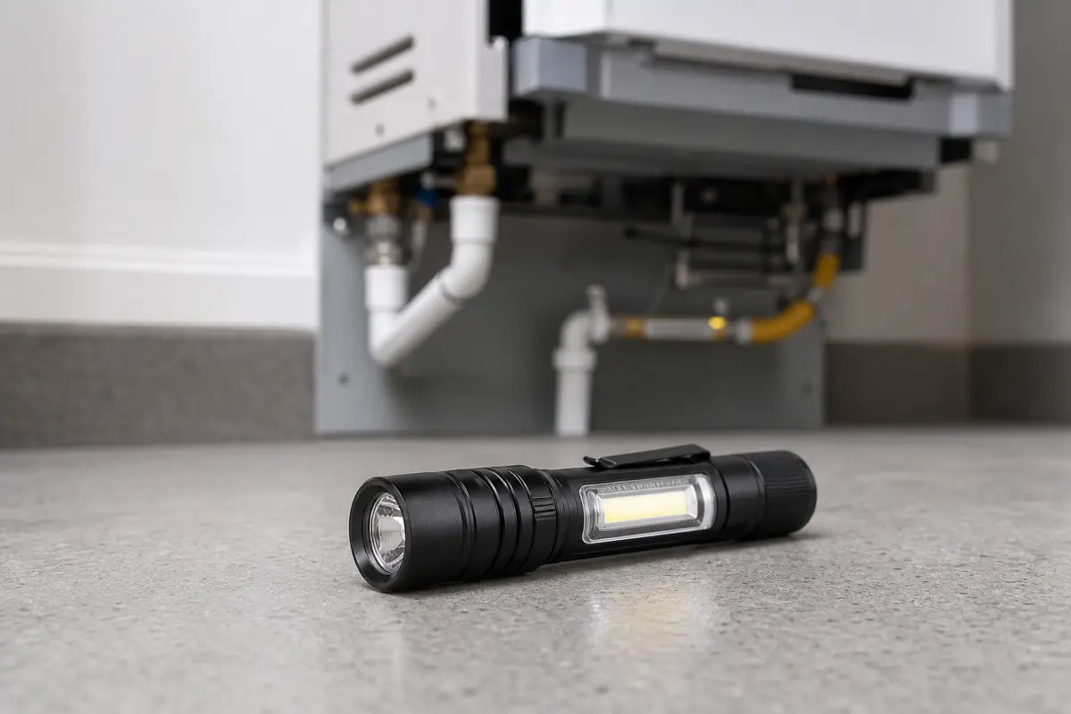Inspection flashlight for checking a Rheem tankless vent and condensate line