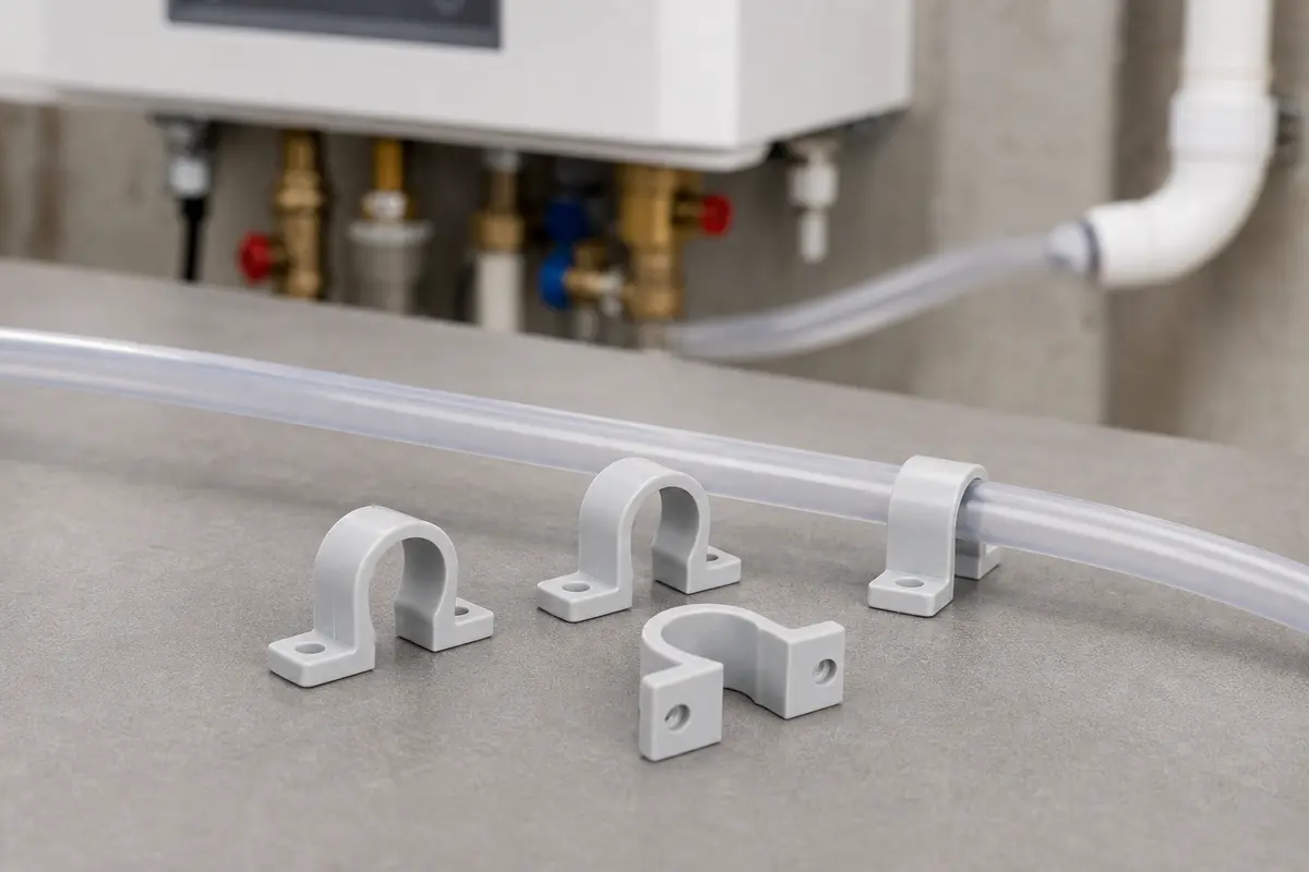 Tubing support clips for holding a tankless condensate line downhill