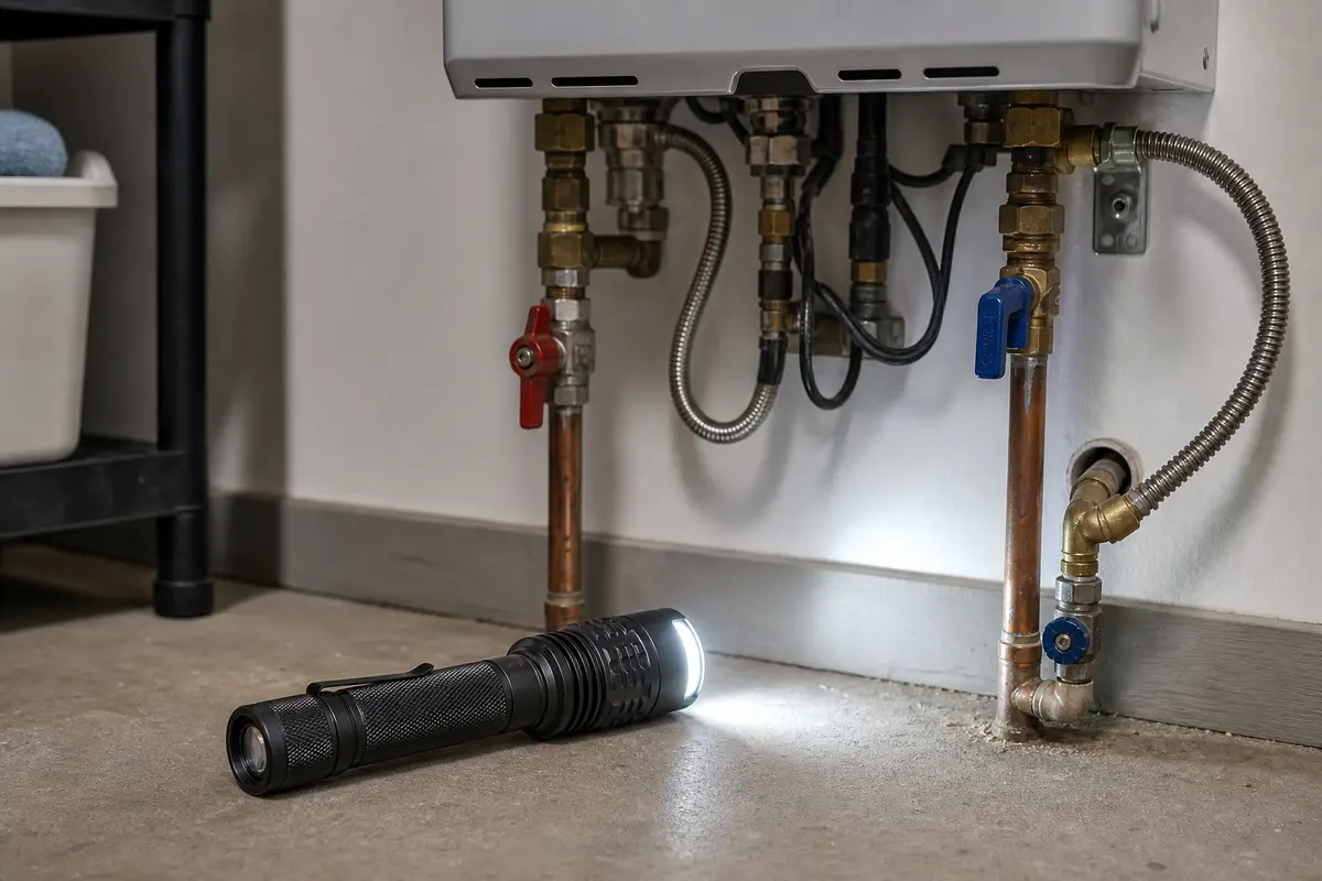 Compact inspection flashlight for reading tankless water heater valves and fittings