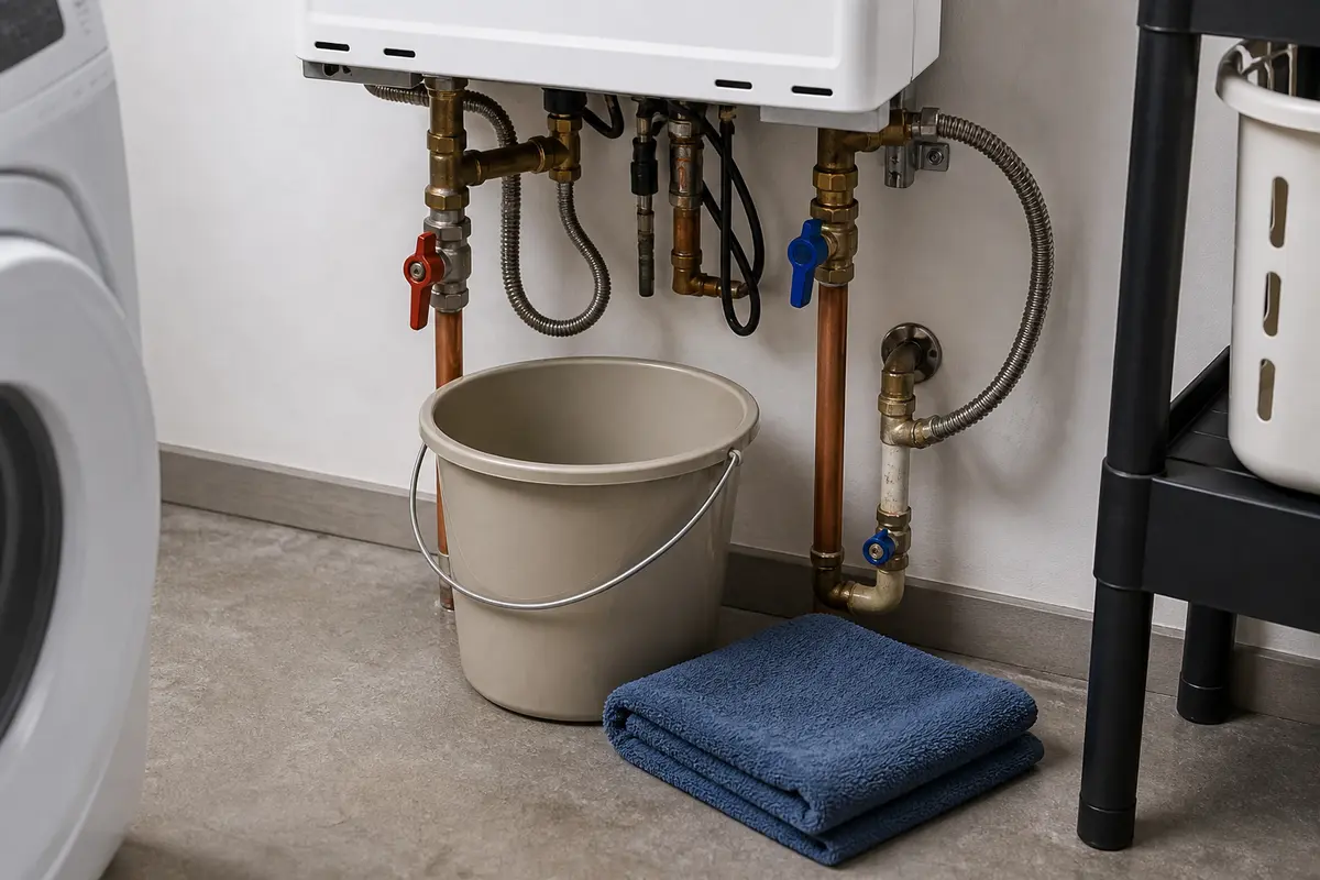 Small bucket and absorbent towel for catching water during tankless heater service