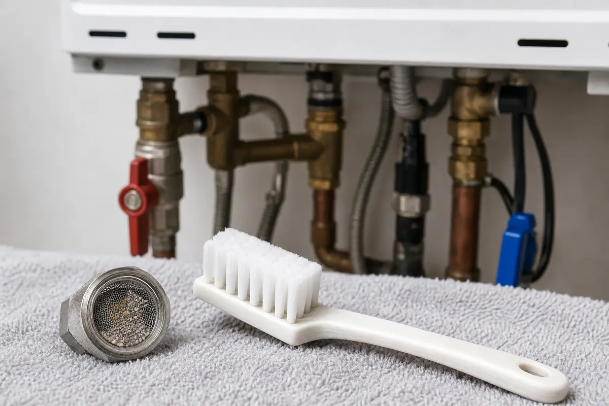 Soft nylon cleaning brush for clearing debris from a tankless water heater screen