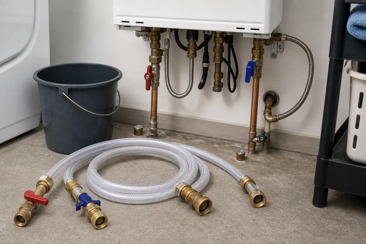 Tankless water heater flush hose kit with service hoses for descaling setup