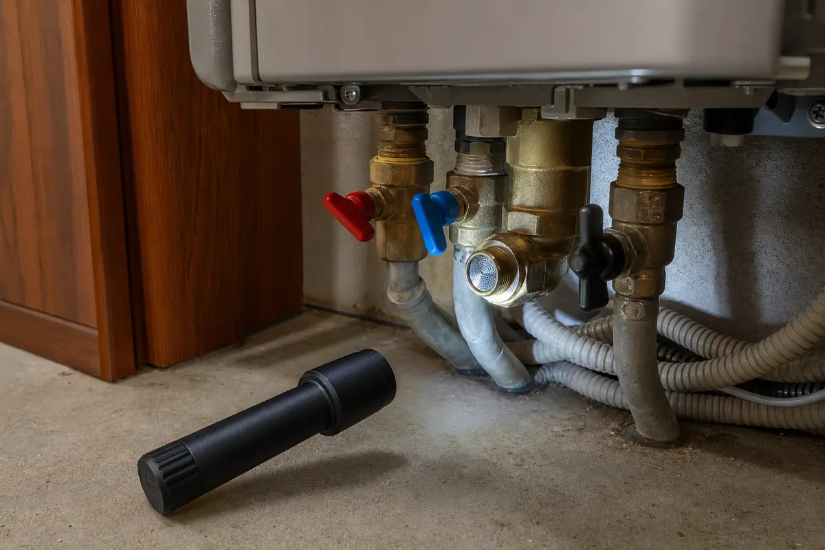 Inspection flashlight aimed at Rinnai tankless water heater service valves