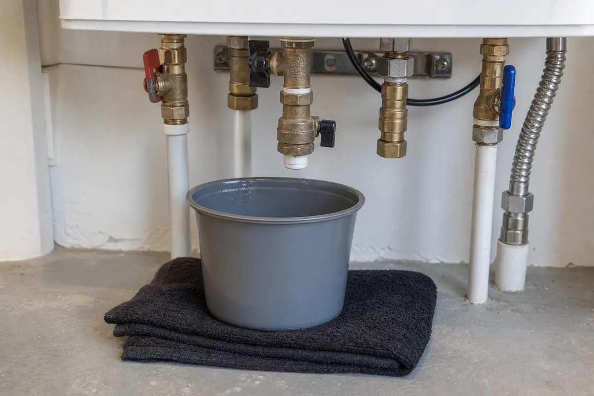 Small bucket and towel under tankless water heater service valves
