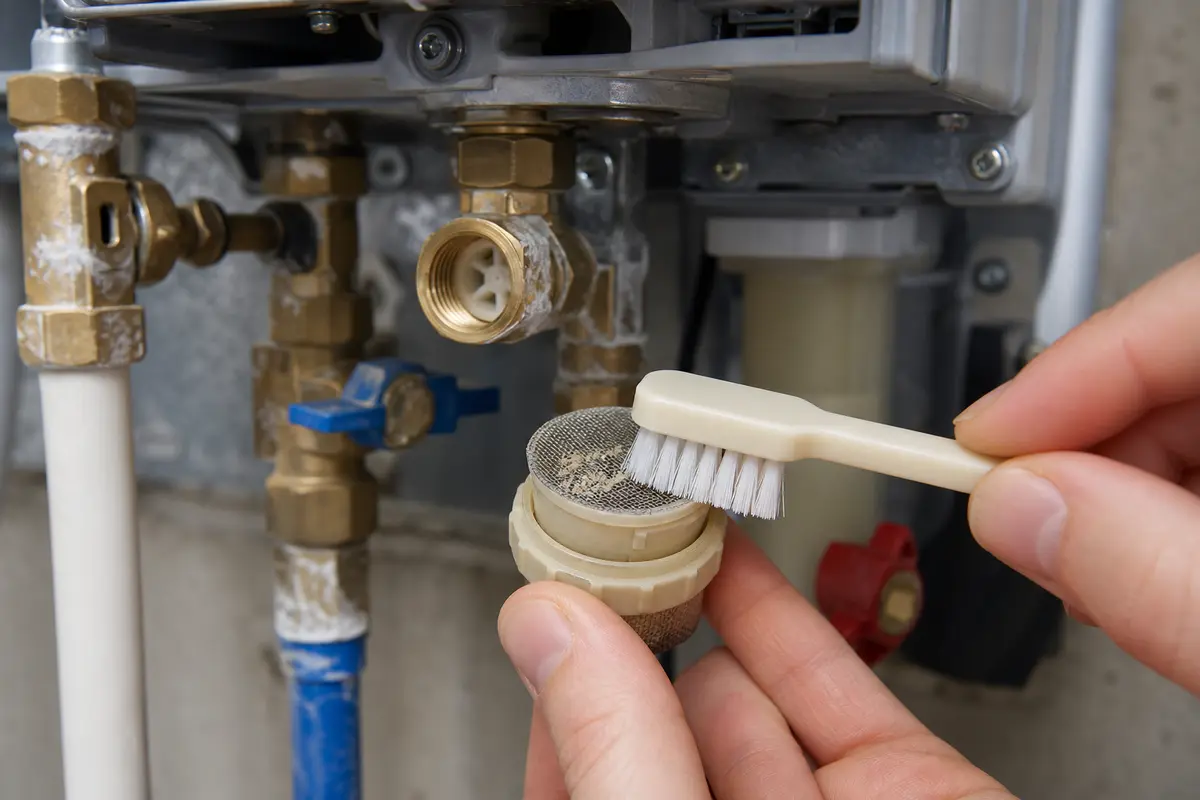 Soft nylon brush cleaning a tankless water heater inlet screen