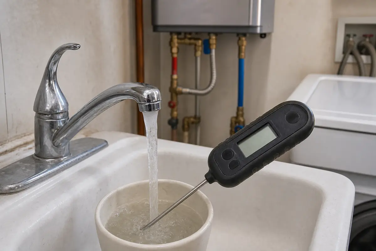 Faucet thermometer for Rinnai tankless water heater temperature swings