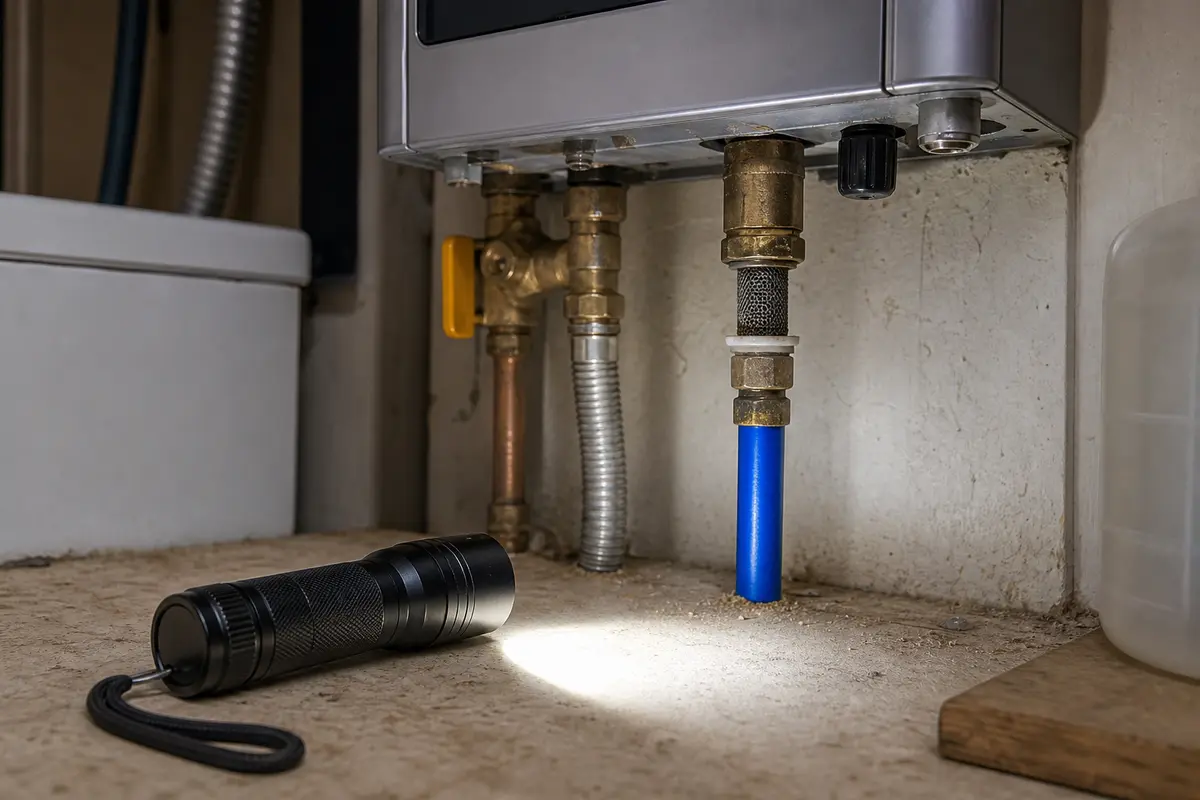 Inspection flashlight for Rinnai tankless water heater flow checks