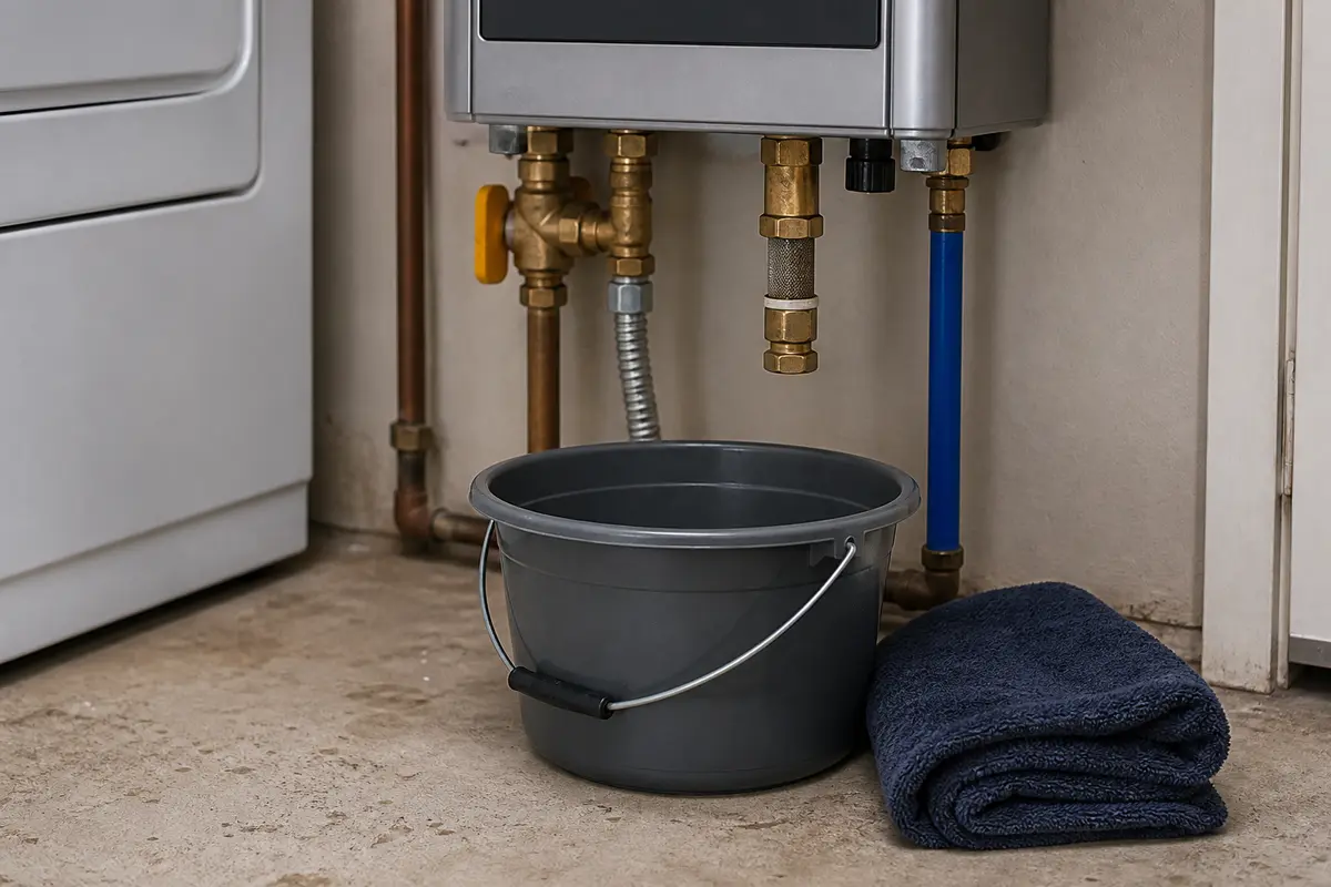 Small bucket and towel below Rinnai tankless water heater service valves
