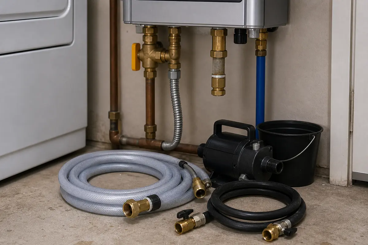 Tankless flush hose kit for Rinnai water heater maintenance