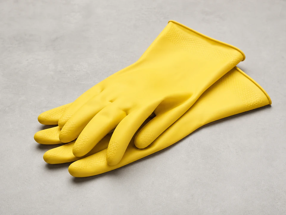 Rubber gloves for reaching into a clean toilet tank while adjusting the flapper chain