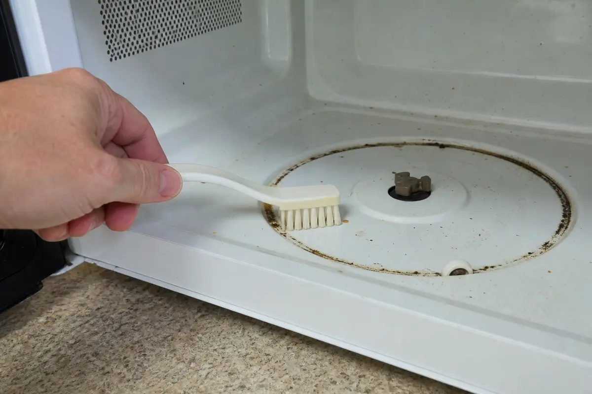 Small nylon scrub brush for cleaning around microwave turntable rollers