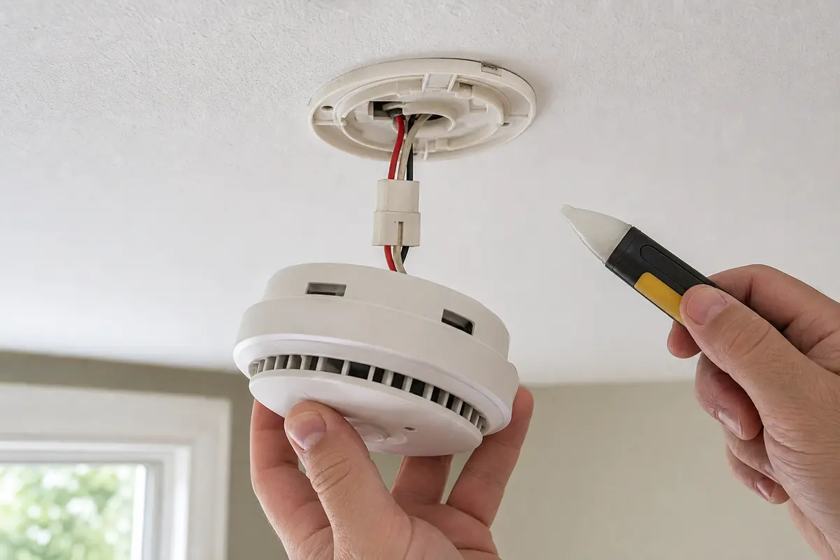 Non-contact voltage tester shown in the repair area for smoke detector test button not working