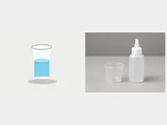 Small cup or squeeze bottle with warm water tool