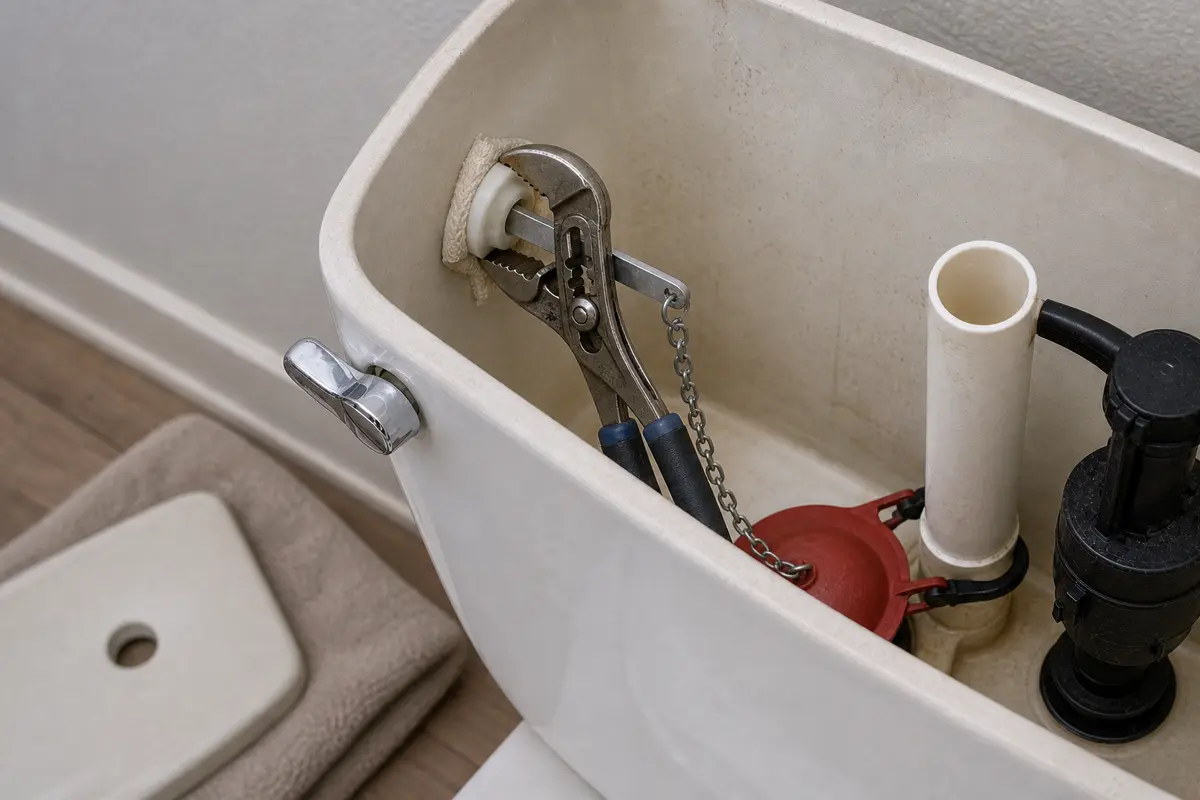 Adjustable pliers with padding shown in the repair area for toilet handle wont return