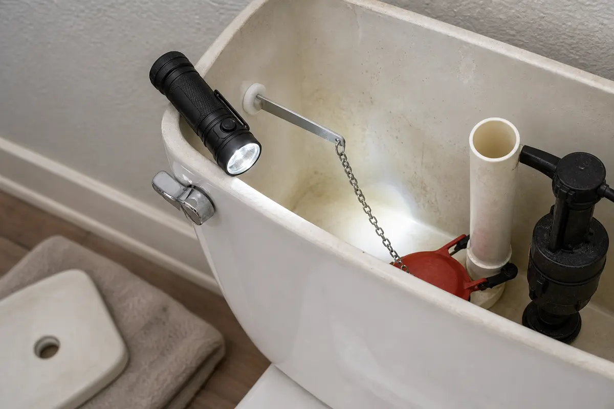 Inspection flashlight shown in the repair area for toilet handle wont return