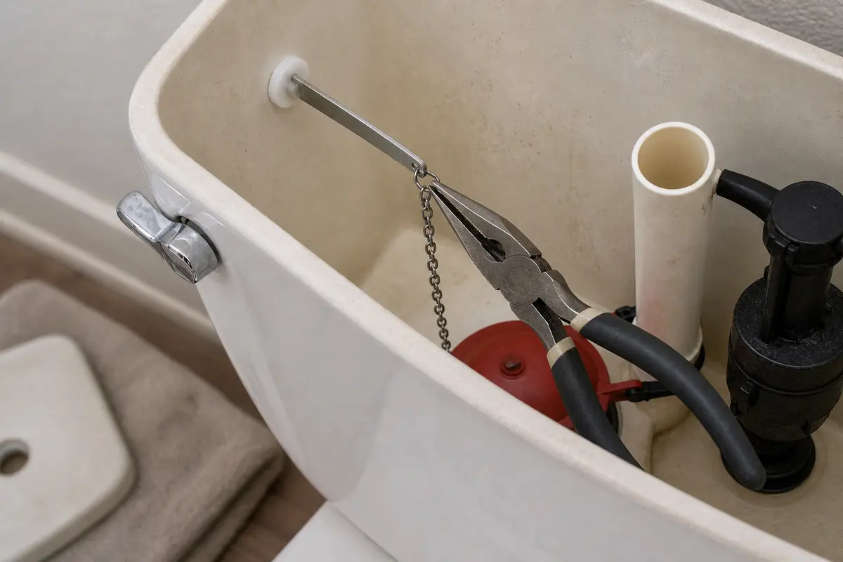 Needle-nose pliers shown in the repair area for toilet handle wont return