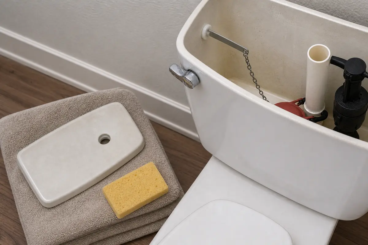 Towel and sponge shown in the repair area for toilet handle wont return