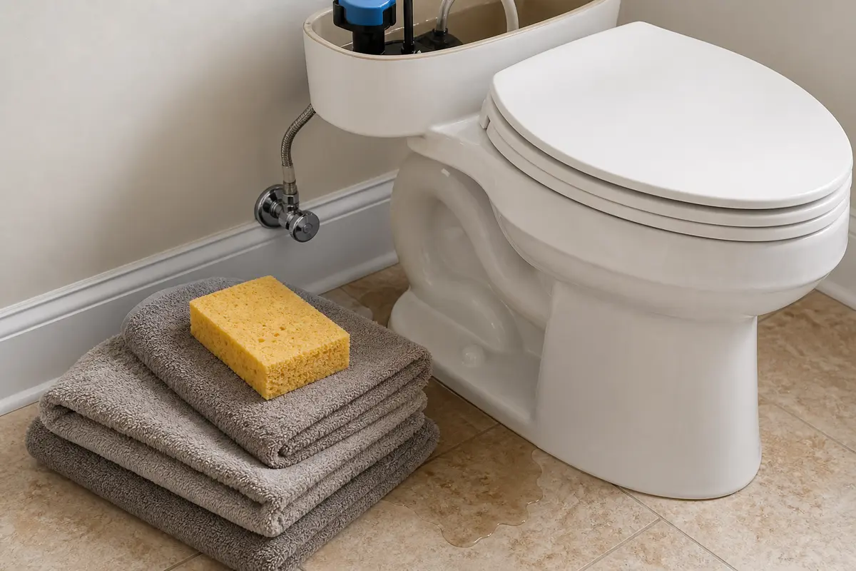 Towels and sponge for drying around a toilet tank during a running toilet repair