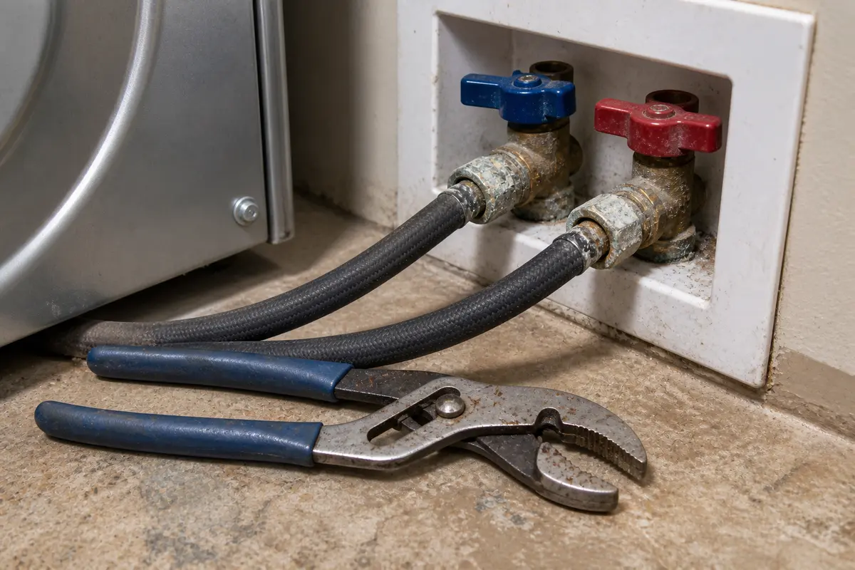 Slip-joint pliers near washer fill hose fittings with the water shut off