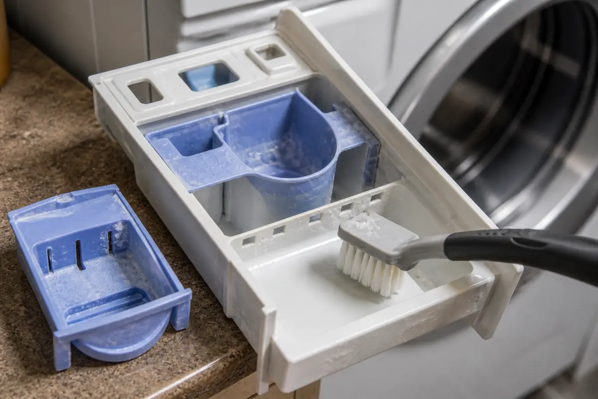 Small soft cleaning brush pointed at the slots of a washer softener insert