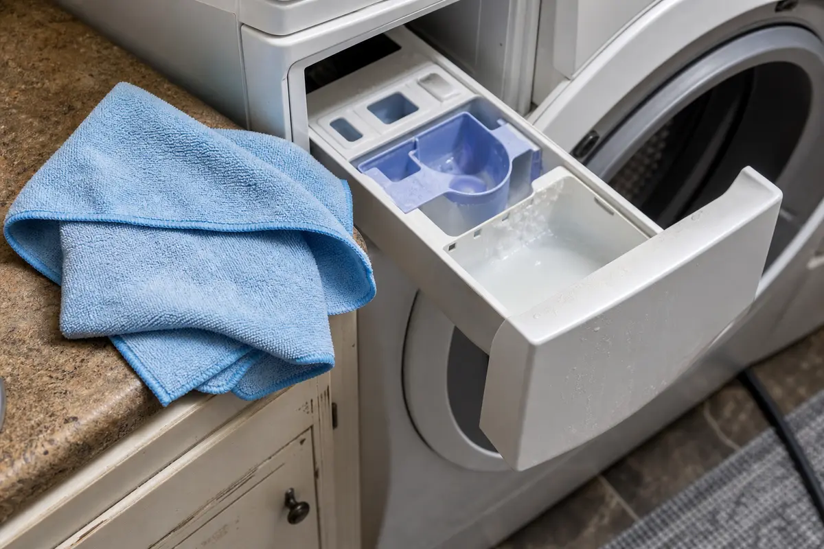 Soft microfiber cloths beside a washer fabric softener dispenser drawer